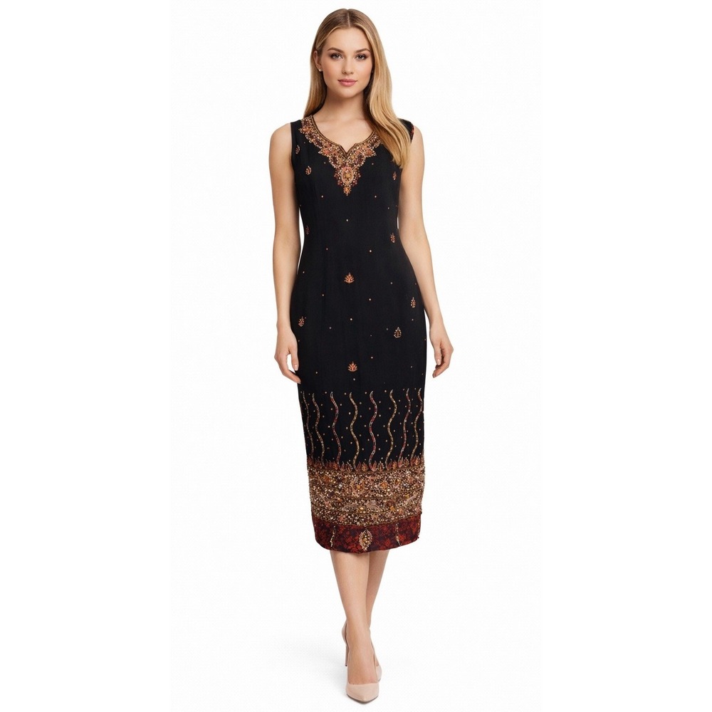 Vtg 90s Beaded Dress S Black Gold Sequin Embroidered Sleeveless Midi Boho Chic